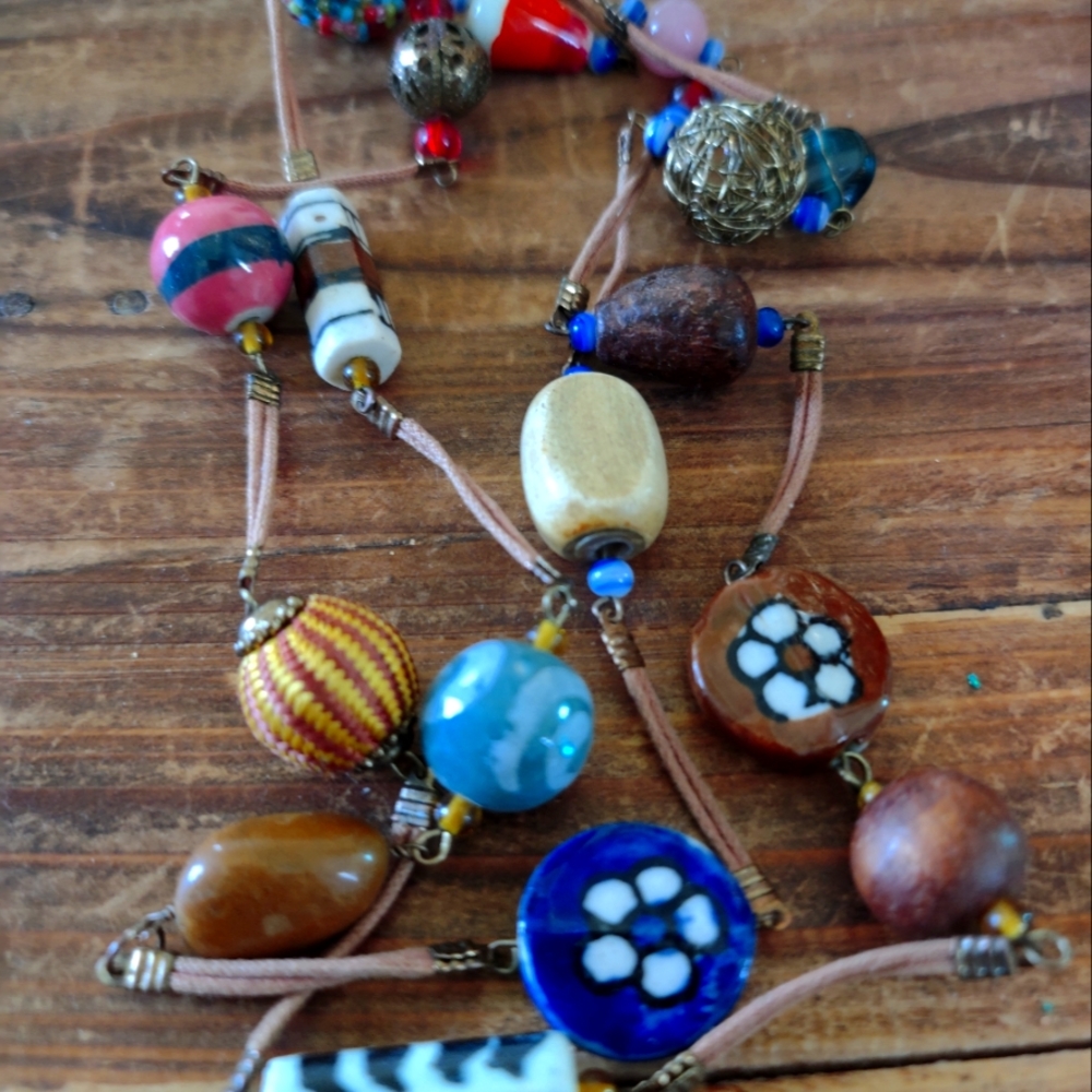 Murano and wood bead leather cord necklace